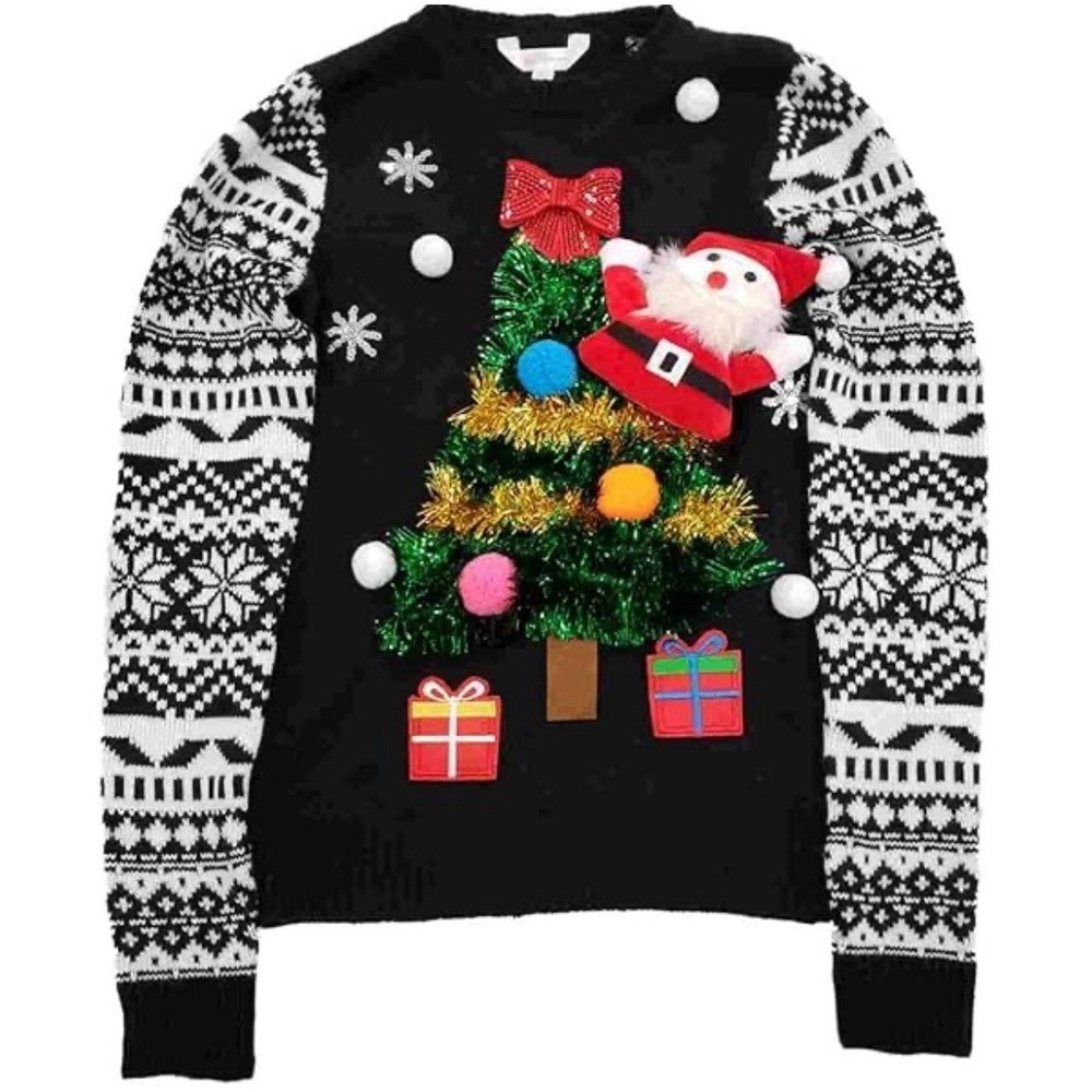 Womens Santa Plush Tinsel Tree Ugly Christmas Sweater Small